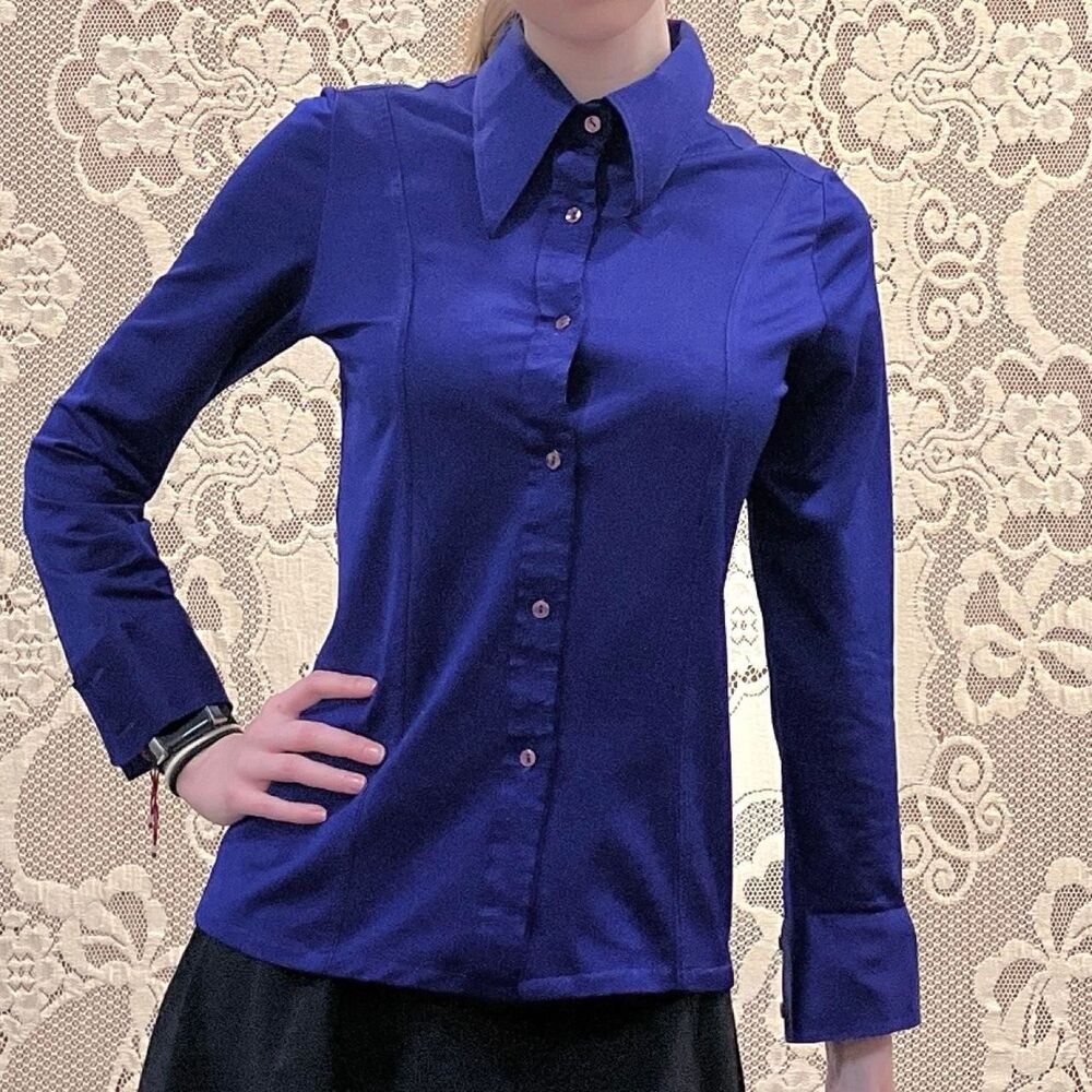 Vintage 1970s Woman's Royal Blue Slim-fit Button-down Blouse with Dagger Collar